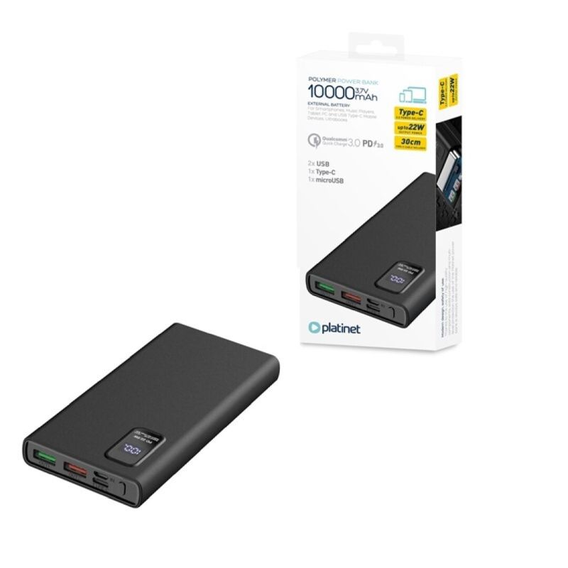 POWERBANK 10.000mAh POLYMERO CARGA RAPIDA 3.0 NEGRO