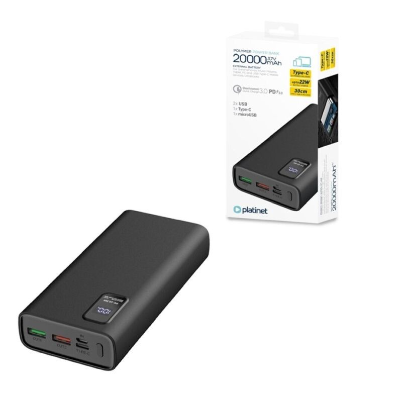 POWERBANK 20.000mAh POLYMERO CARGA RAPIDA 3.0 NEGRO