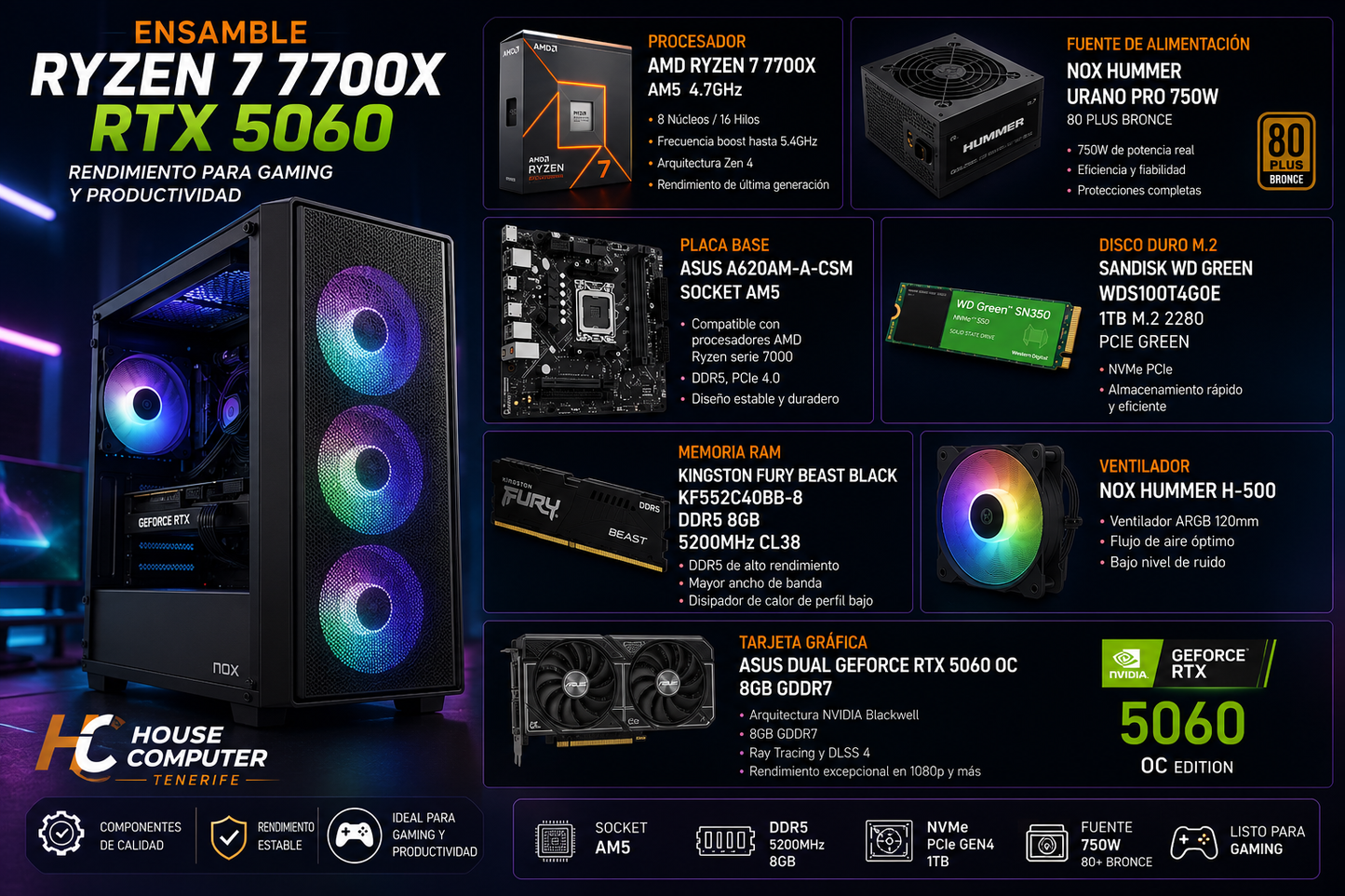 PC Gaming Ryzen 7 7700X + RAM 16GB DDR5 | GeForce RTX 5060 OC 8GB GDDR7 | Alto Rendimiento